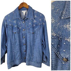 Vintage 80s Denim Jacket Coat Large Western Cowgirl Embellished Gaudy Alt Jean